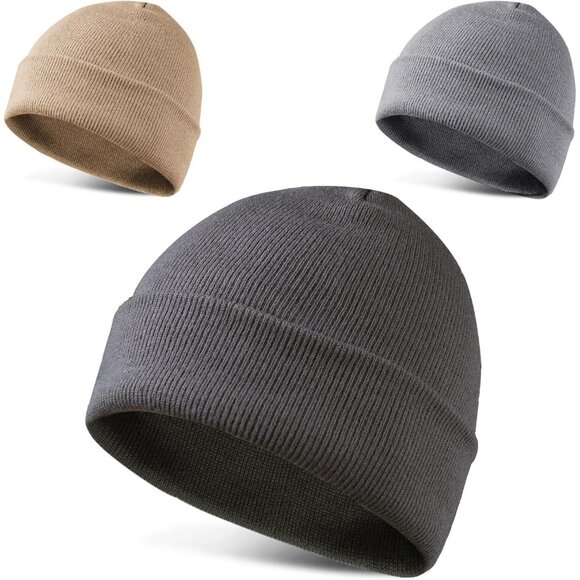 Men's 3-pack Dark-Grey Grey Tan Spring Summer Autumn Winter Slouchy Beanies Hats - Picture 1 of 7